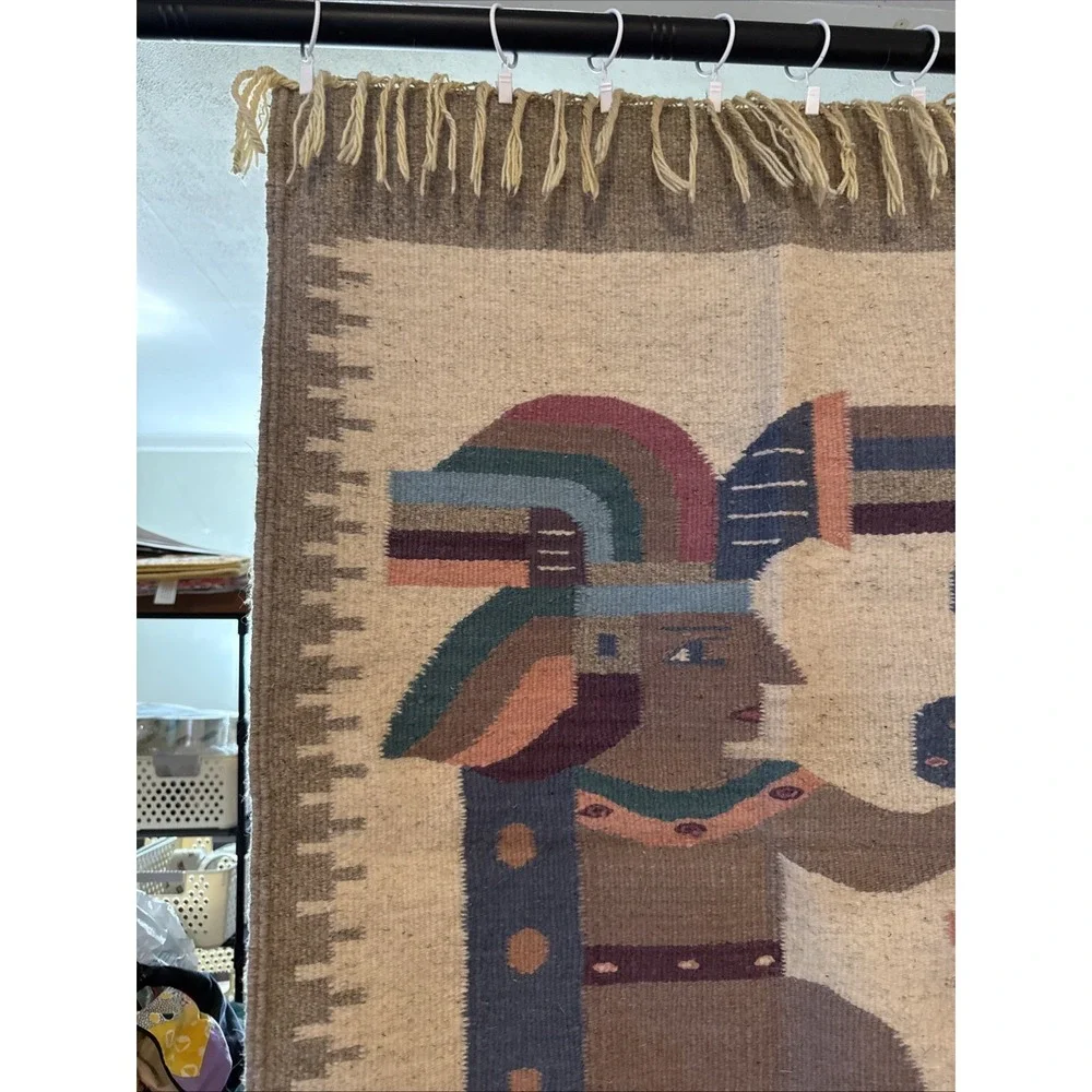 Vtg Rug Wool Hand Woven Aztec Pictorial Mexico Tapestry Prayer Rug/ Hang 36